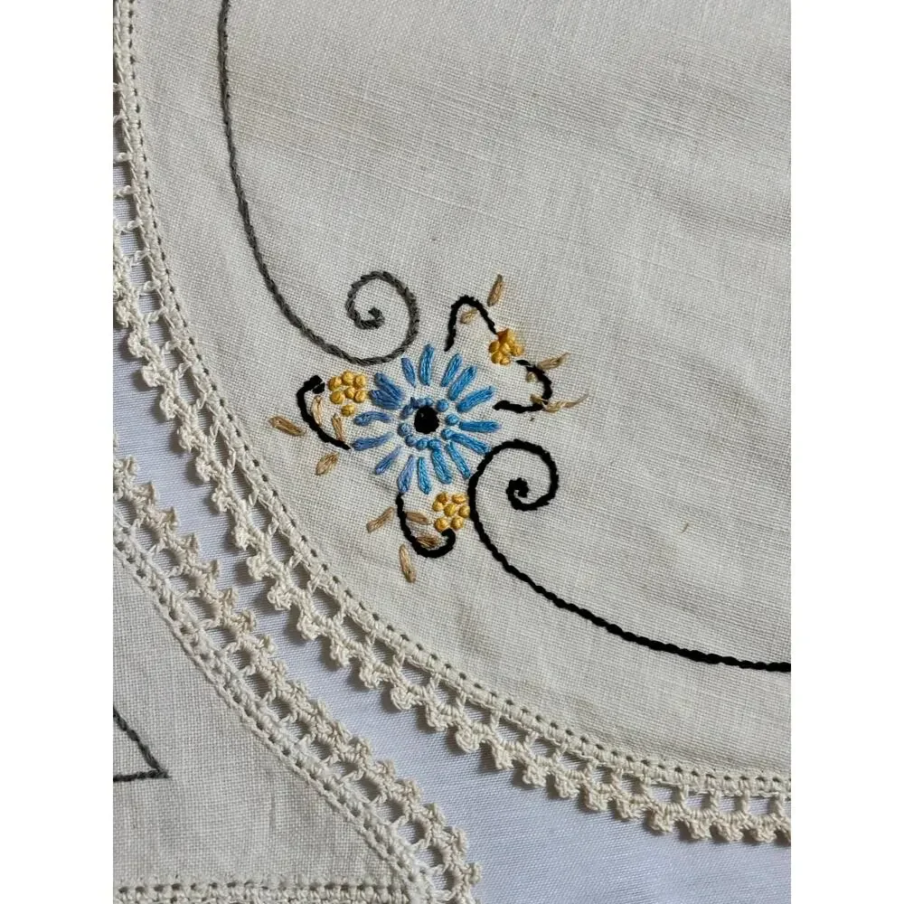 Vintage 3pc Set Embroidered Table Runner Dresser Scarf Blue Gold Floral AS IS
